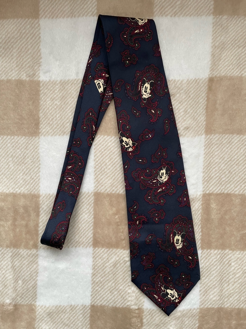 Vintage Disney Men's Navy Tie with Red Paisley and Cream Mickey Motifs